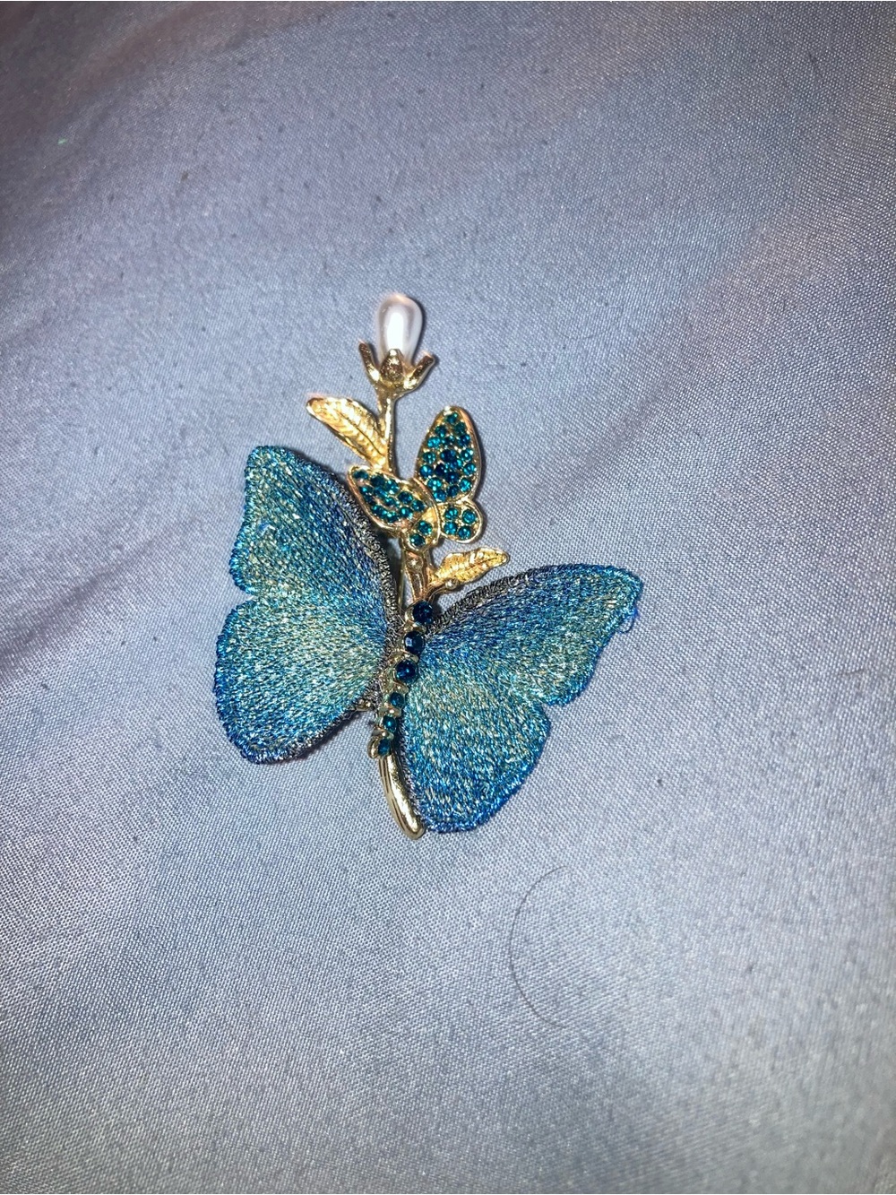 Gold-Tone Blue Butterfly Brooch with Pearl Accent